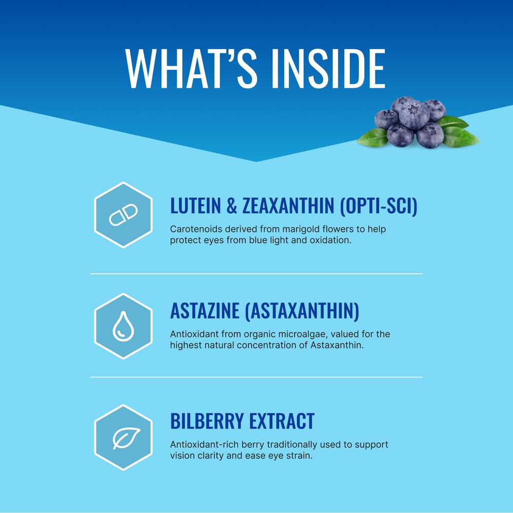 Approved Science EyeSyl label closeup shows lutein and zeaxanthin for visual wellness.