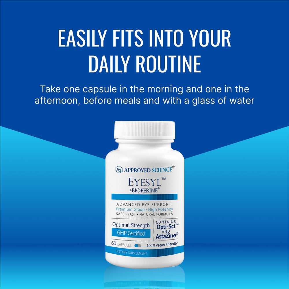 Approved Science EyeSyl packaging shown with bottle and box for a month long supply.