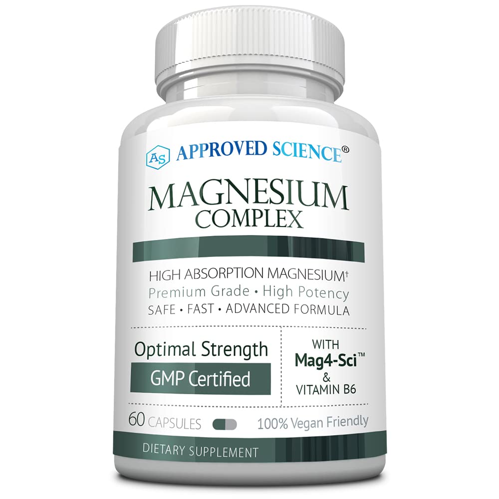 Approved Science Magnesium Complex bottle front with capsules highlighting high absorption.