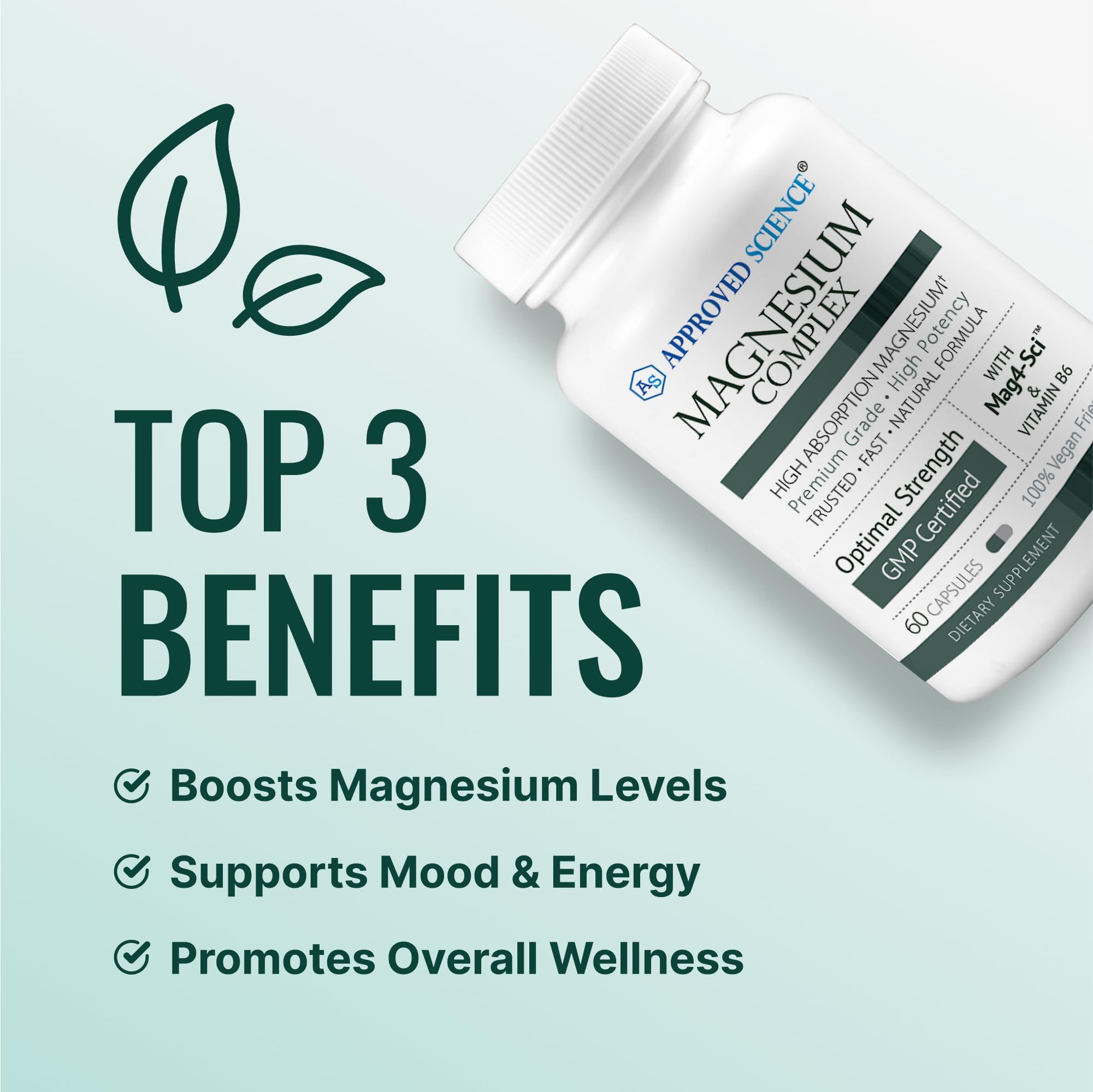 Approved Science Magnesium Complex capsules close-up showing four magnesium forms.