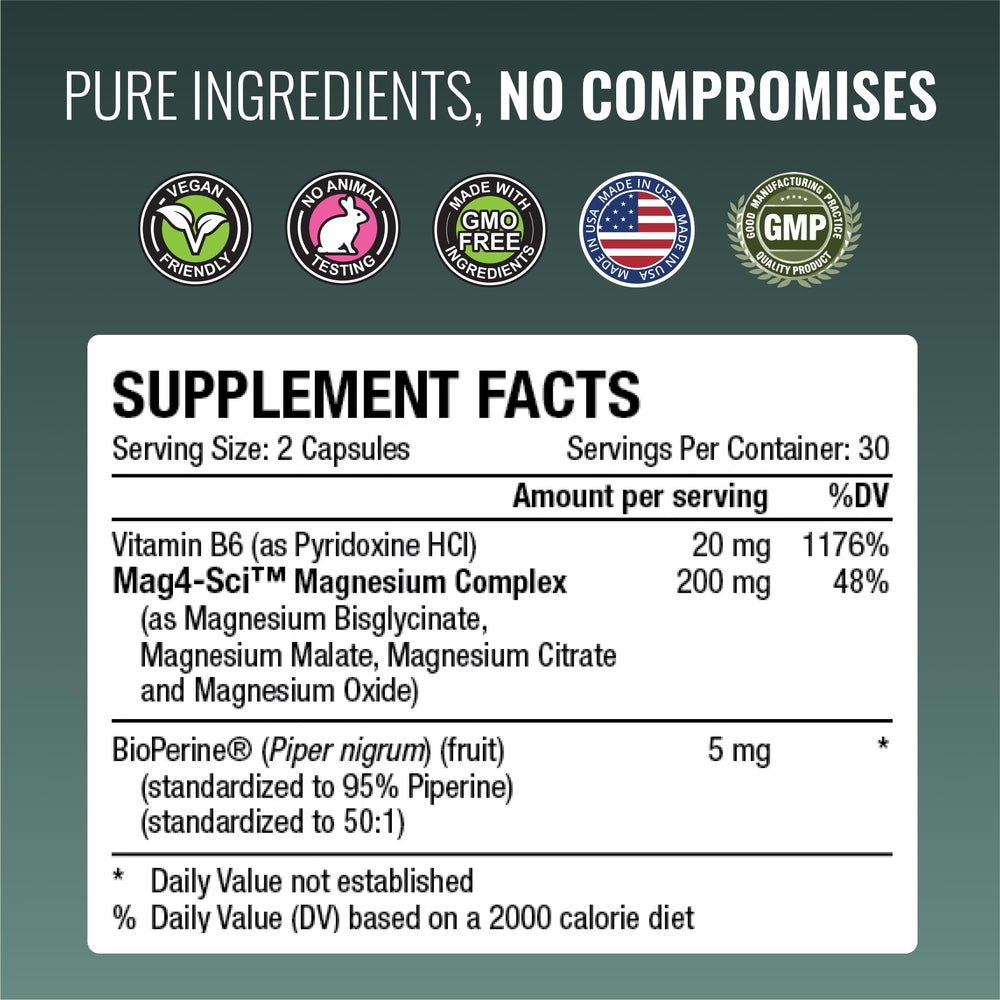 Approved Science Magnesium Complex label info shows vegan, non-GMO quality.