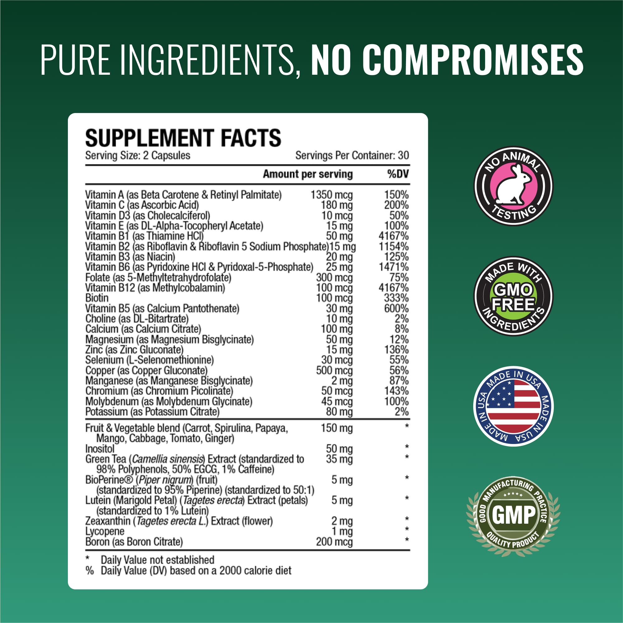 Nutrition facts panel on Approved Science Multi-Vitamin showing ingredient details