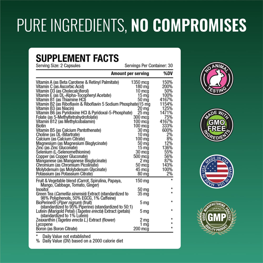 Nutrition facts panel on Approved Science Multi-Vitamin showing ingredient details
