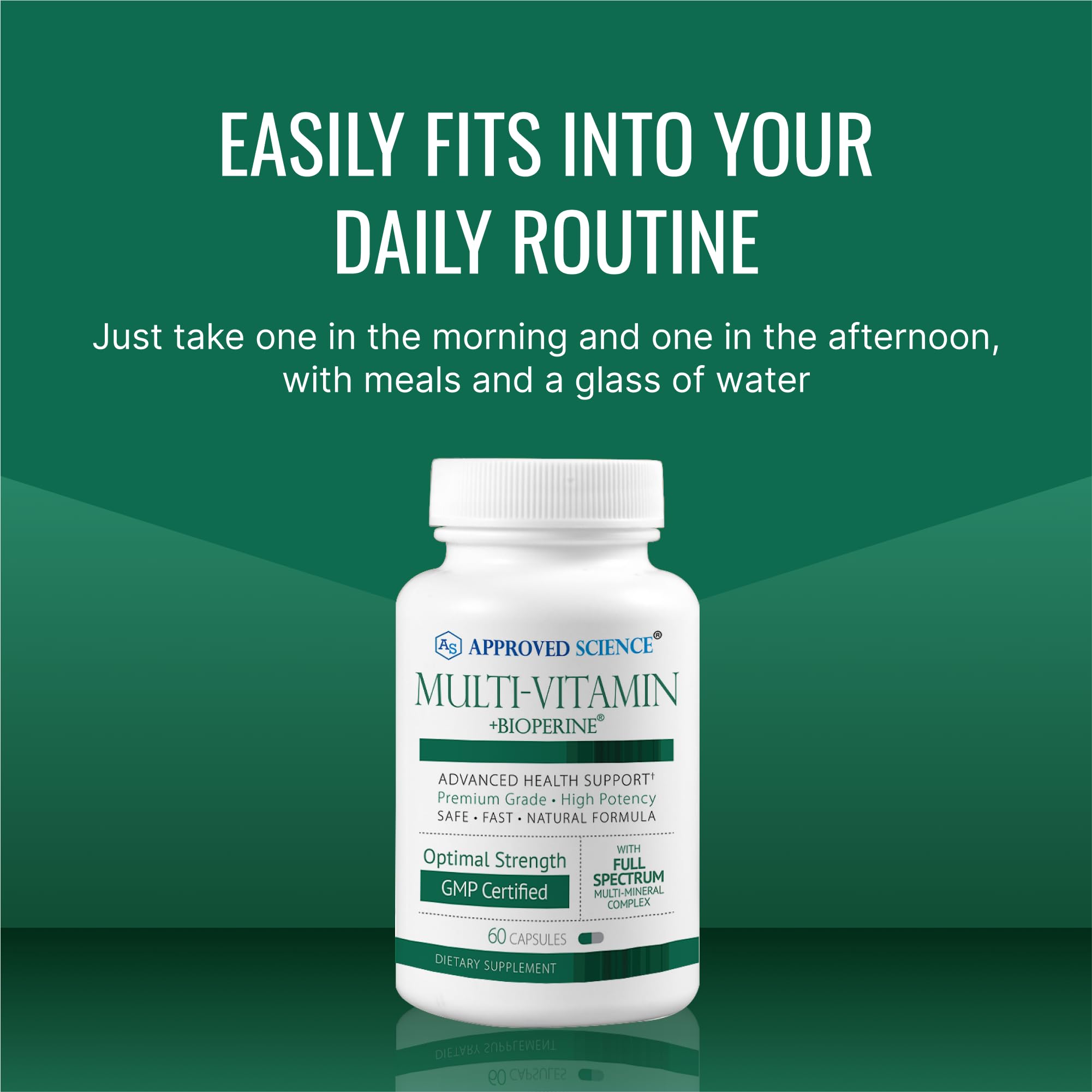 Approved Science Multi-Vitamin on kitchen shelf ready for daily routine
