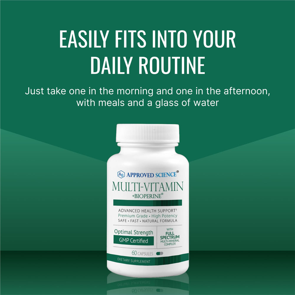 Approved Science Multi-Vitamin on kitchen shelf ready for daily routine