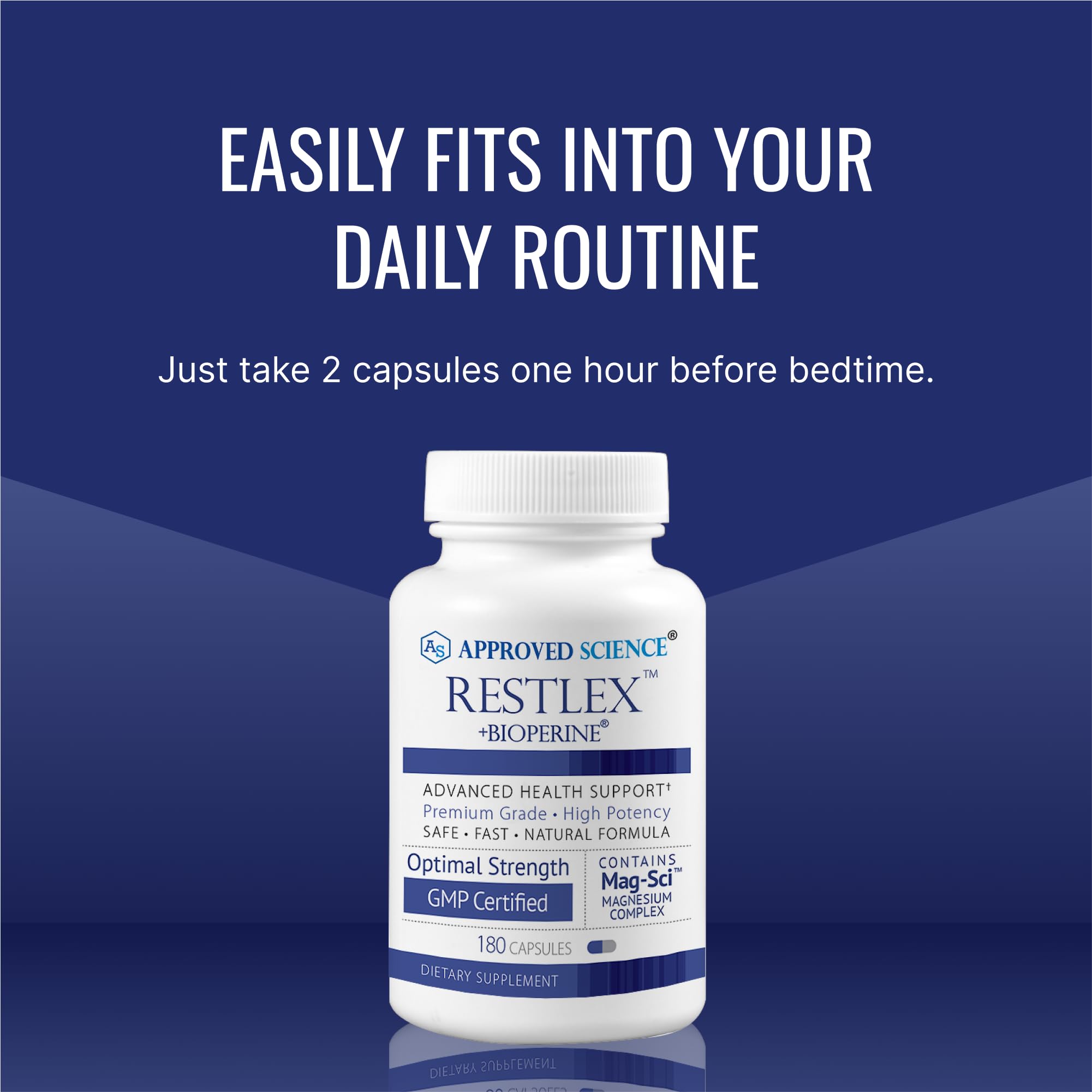 Approved Science Restlex transparent bottle shows clear capsules and product transparency.
