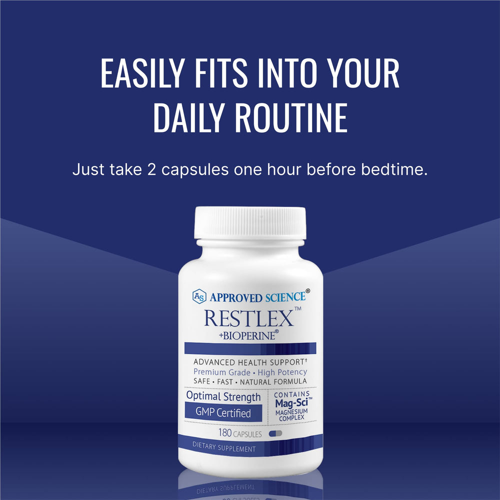 Approved Science Restlex transparent bottle shows clear capsules and product transparency.