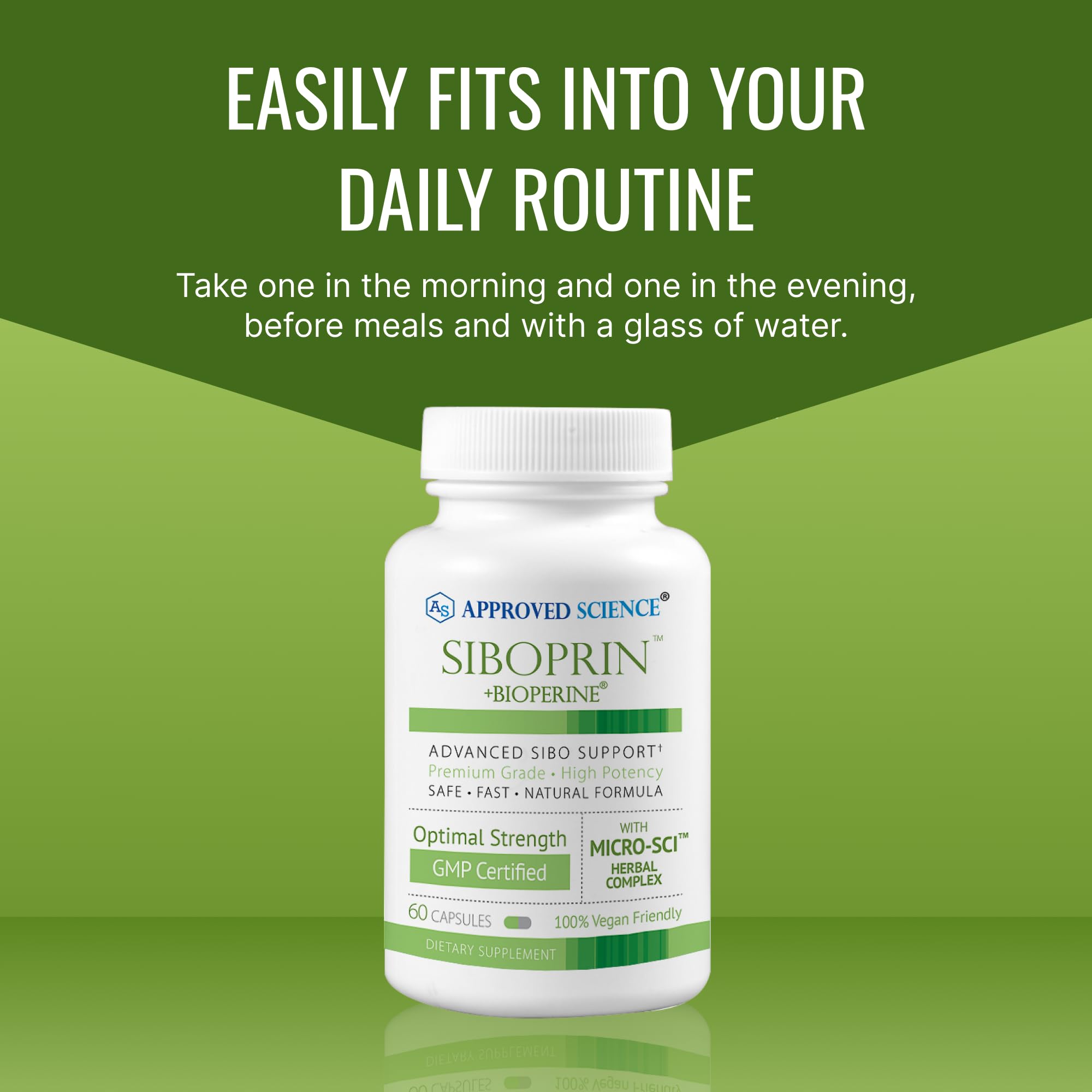 Daily-use reminder scene featuring Approved Science Siboprin for digestion support.