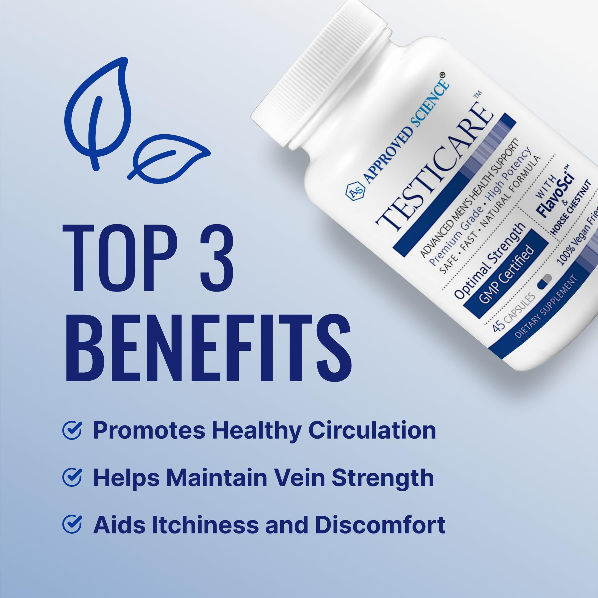 Approved Science TestiCare capsules close-up emphasizing vegan formula and key botanicals.