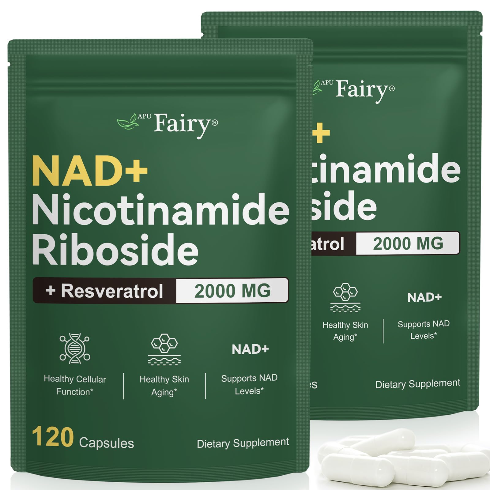 APU.FAIRY NAD supplement bottle front view highlights liposomal delivery for enhanced absorption.