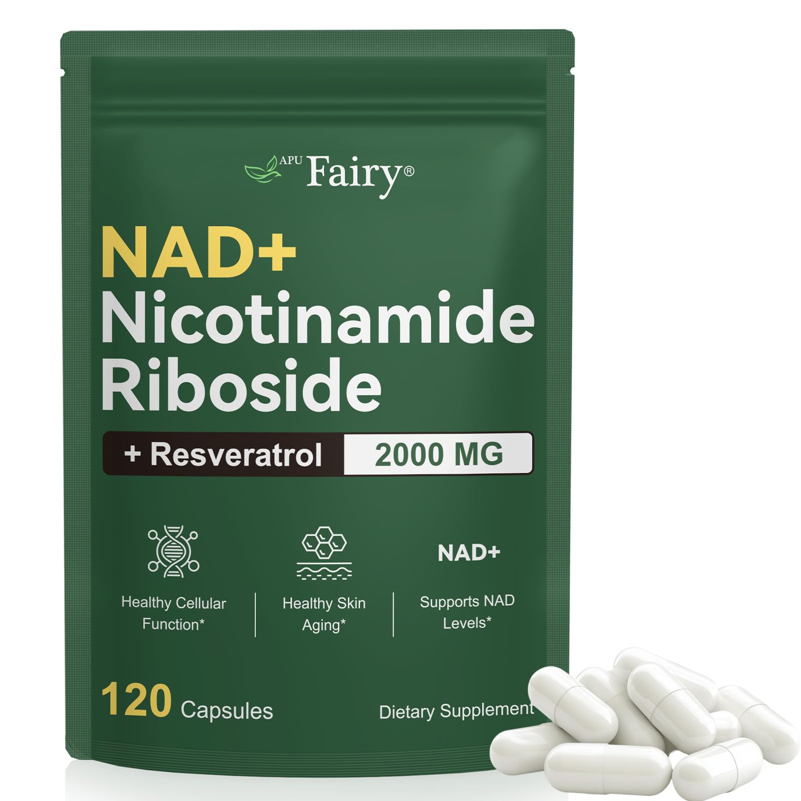 APU.FAIRY NAD supplement bottle front showing liposomal formula for enhanced absorption.
