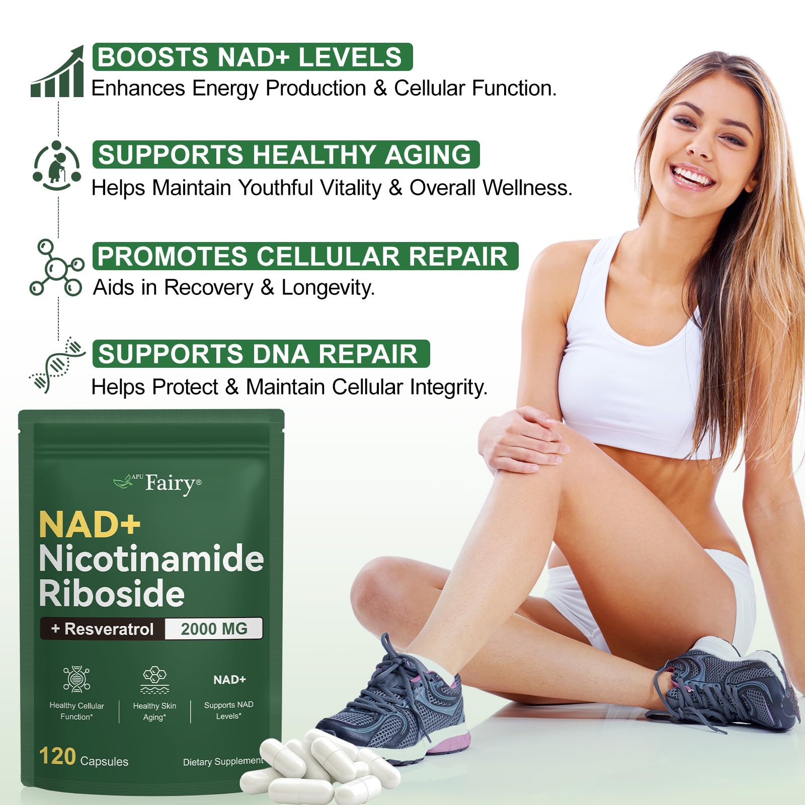 Packaging image featuring GMP seal and non-GMO notes for APU.FAIRY NAD.