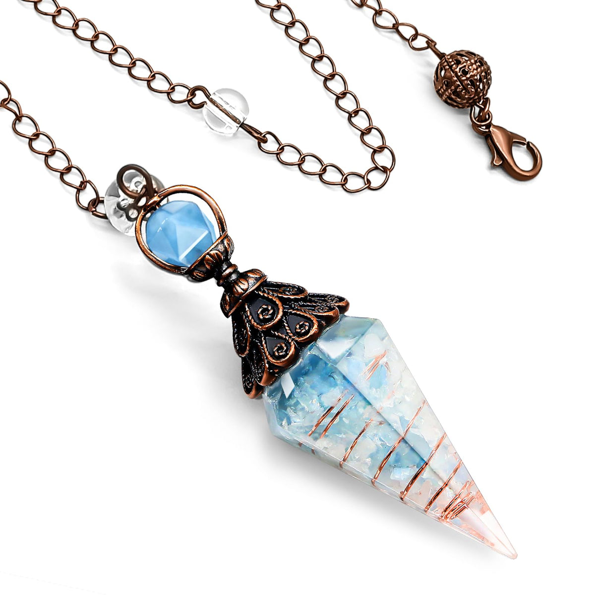 Aquamarine pendulum with copper coil for precise dowsing and clear answers.