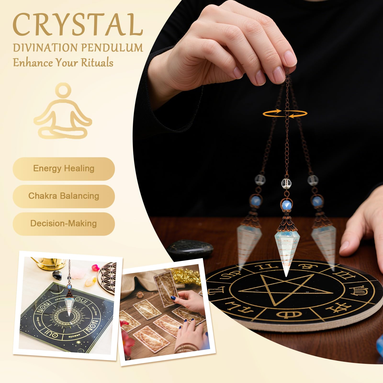 Aquamarine pendulum with copper wire conductor enhances energy flow.