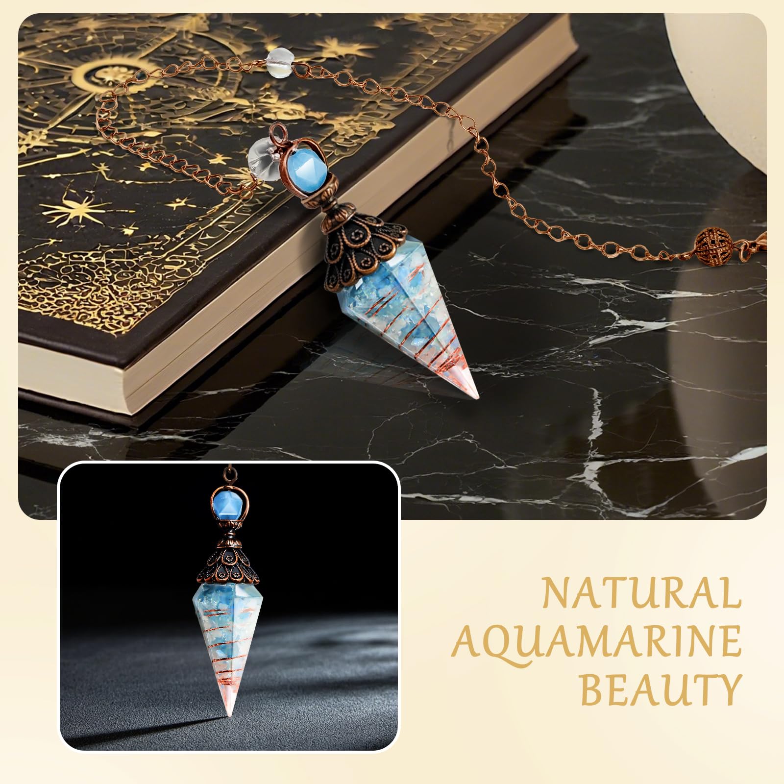 Aquamarine pendulum as a versatile tool for space clearing and energy work.