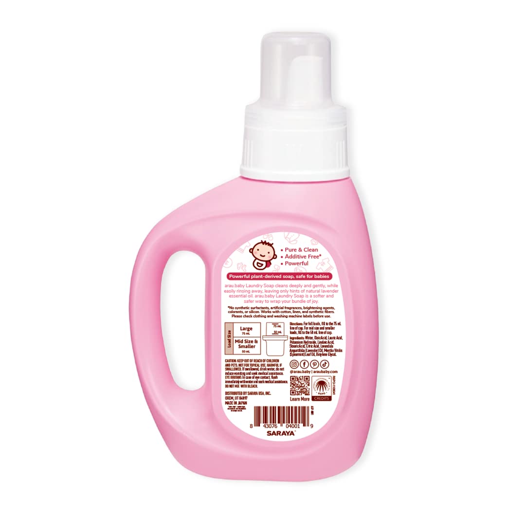 Arau Baby bottle close-up highlighting lavender formula for delicate fabrics.