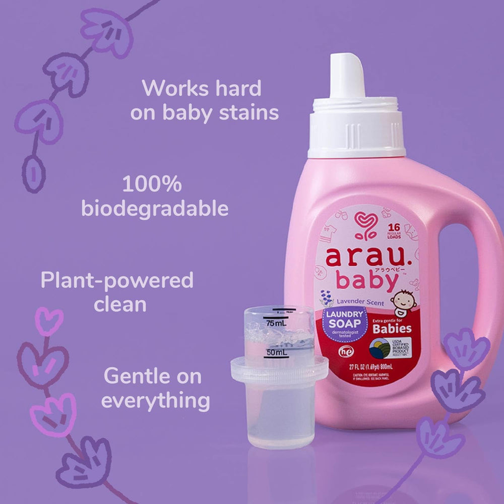 Arau Baby label indicates dermatologist-tested safety for baby's skin.