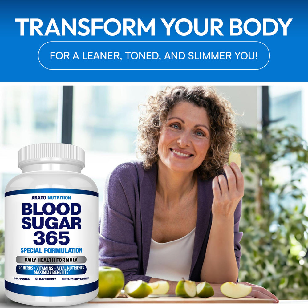 Arazo Nutrition Blood Sugar 365 promo image showing vegetarian capsules.
