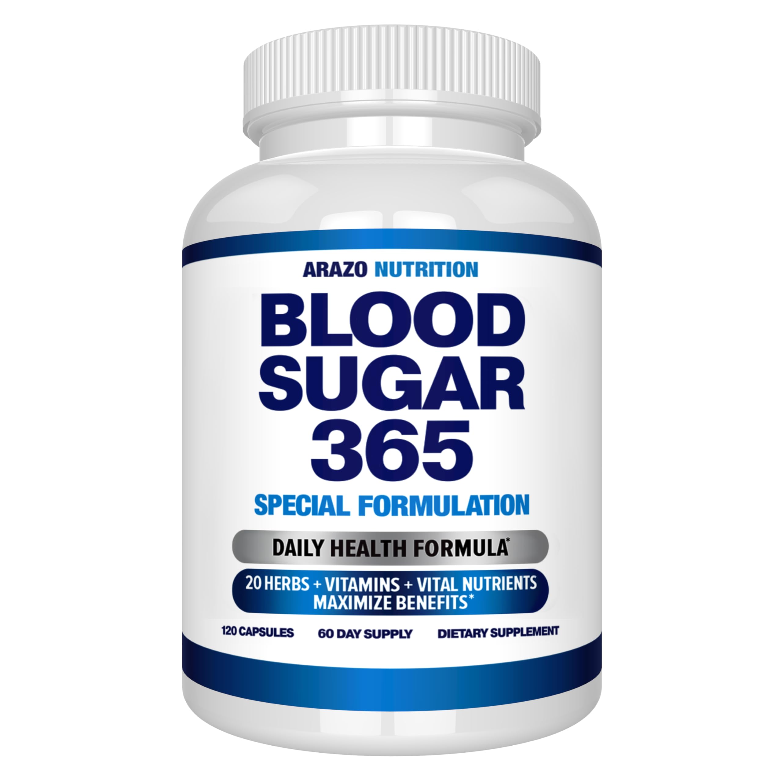 Arazo Nutrition Blood Sugar 365 bottle front showing daily energy support.