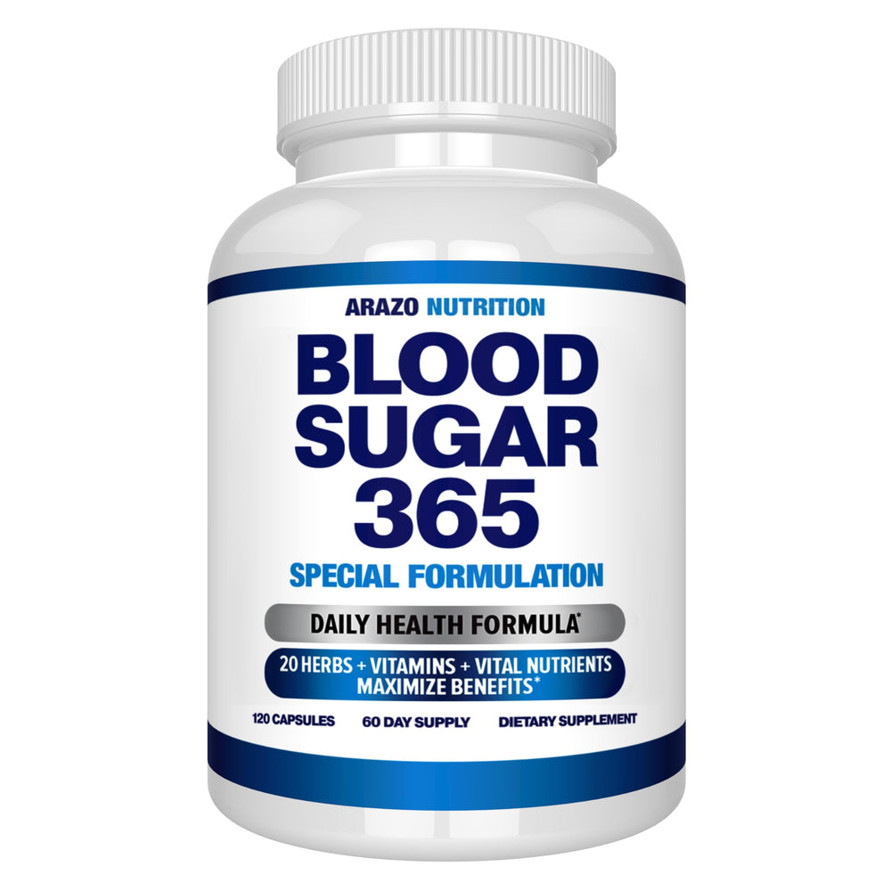 Arazo Nutrition Blood Sugar 365 bottle front showing daily energy support.