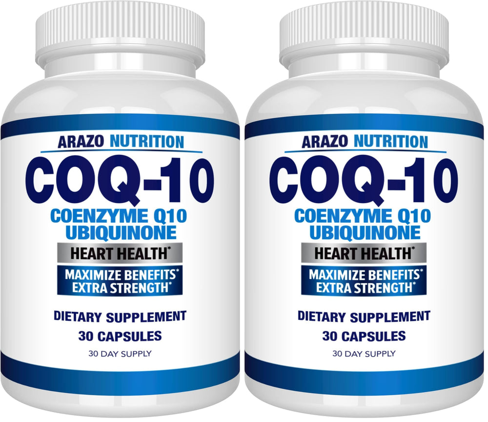 Arazo Nutrition CoQ10 bottle front with 200 mg capsules for daily support
