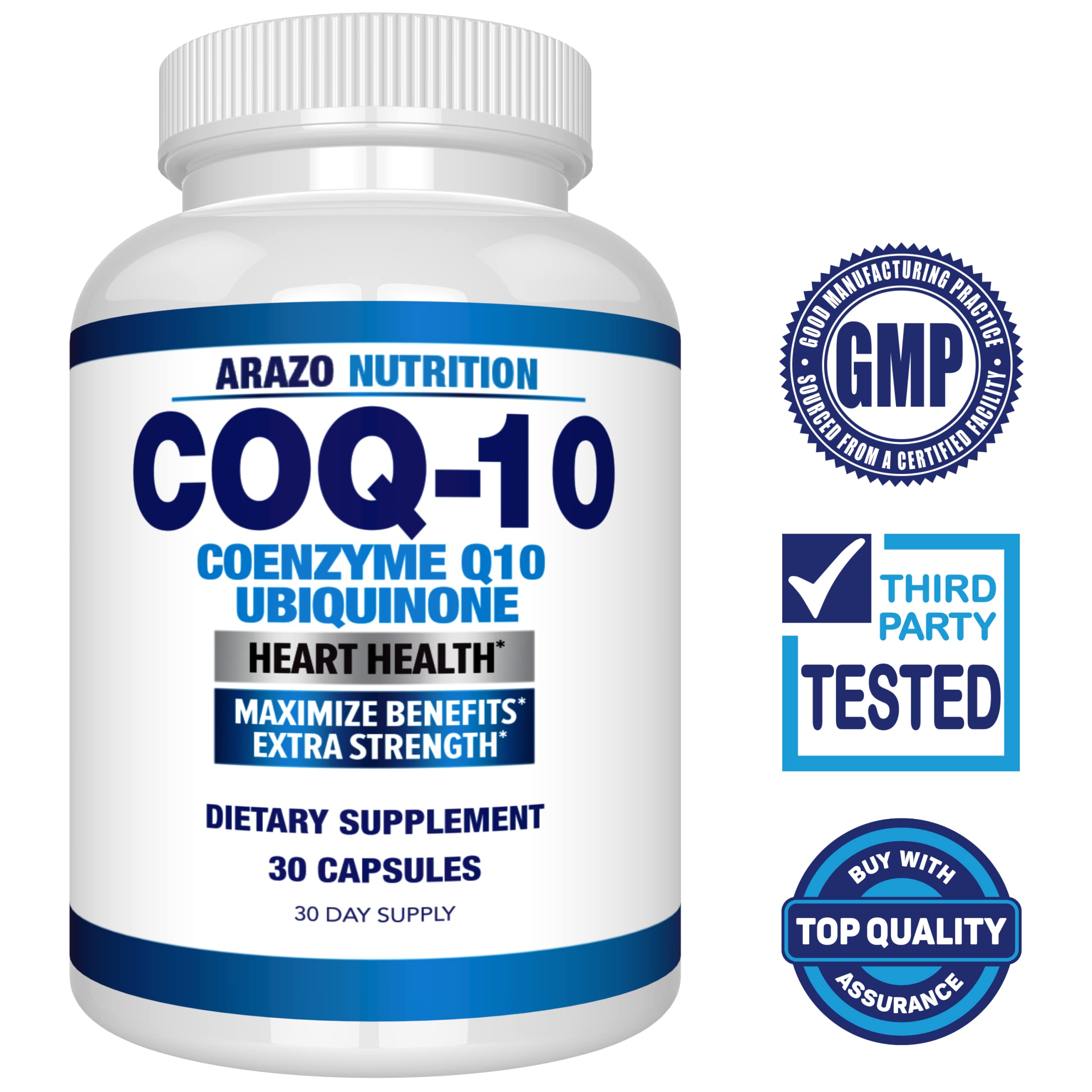 Arazo Nutrition CoQ10 bottle label showing soy-free, high-quality ingredients