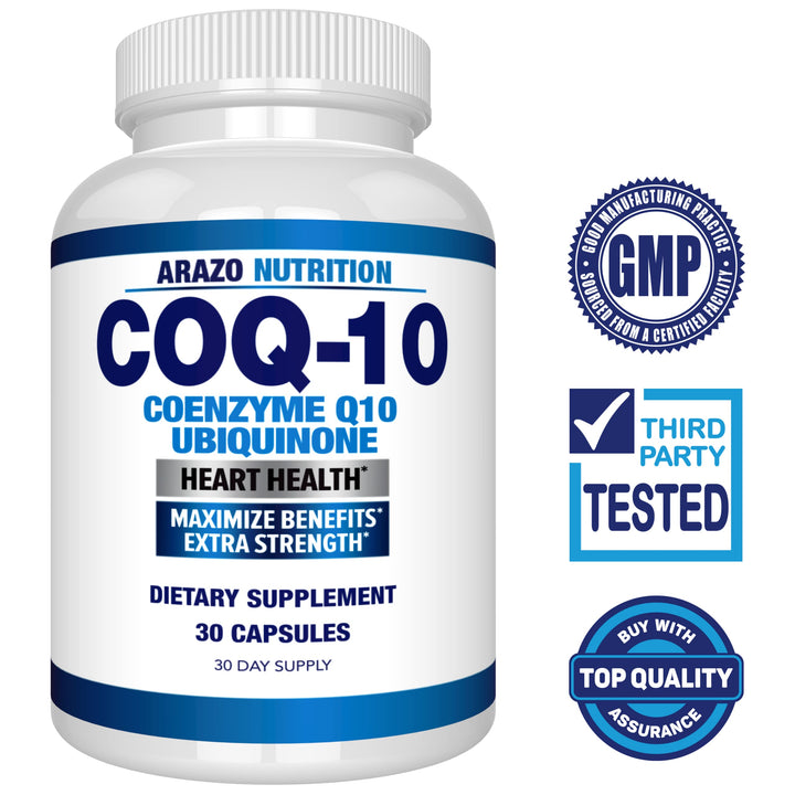 Arazo Nutrition CoQ10 bottle label showing soy-free, high-quality ingredients