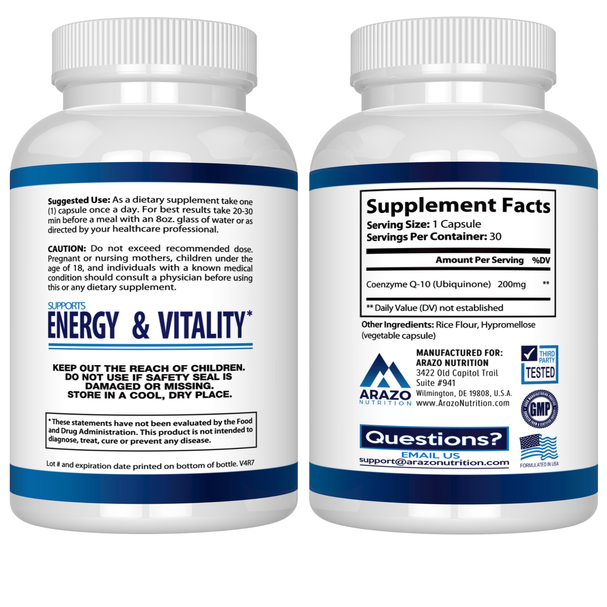 Close-up of Arazo Nutrition CoQ10 capsules with soft gel texture