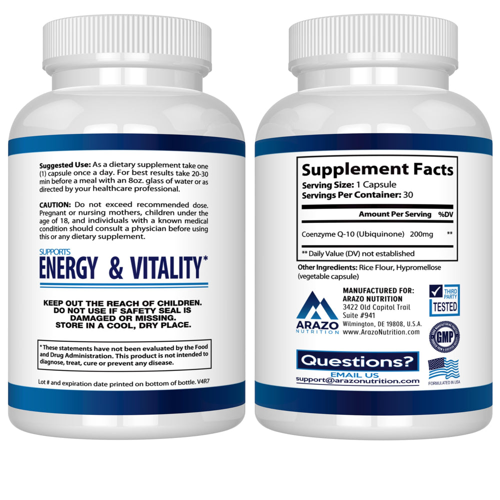 Arazo Nutrition CoQ10 capsules close-up for daily use