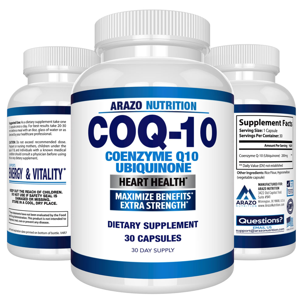 Third-party safety testing seal on Arazo Nutrition CoQ10 packaging