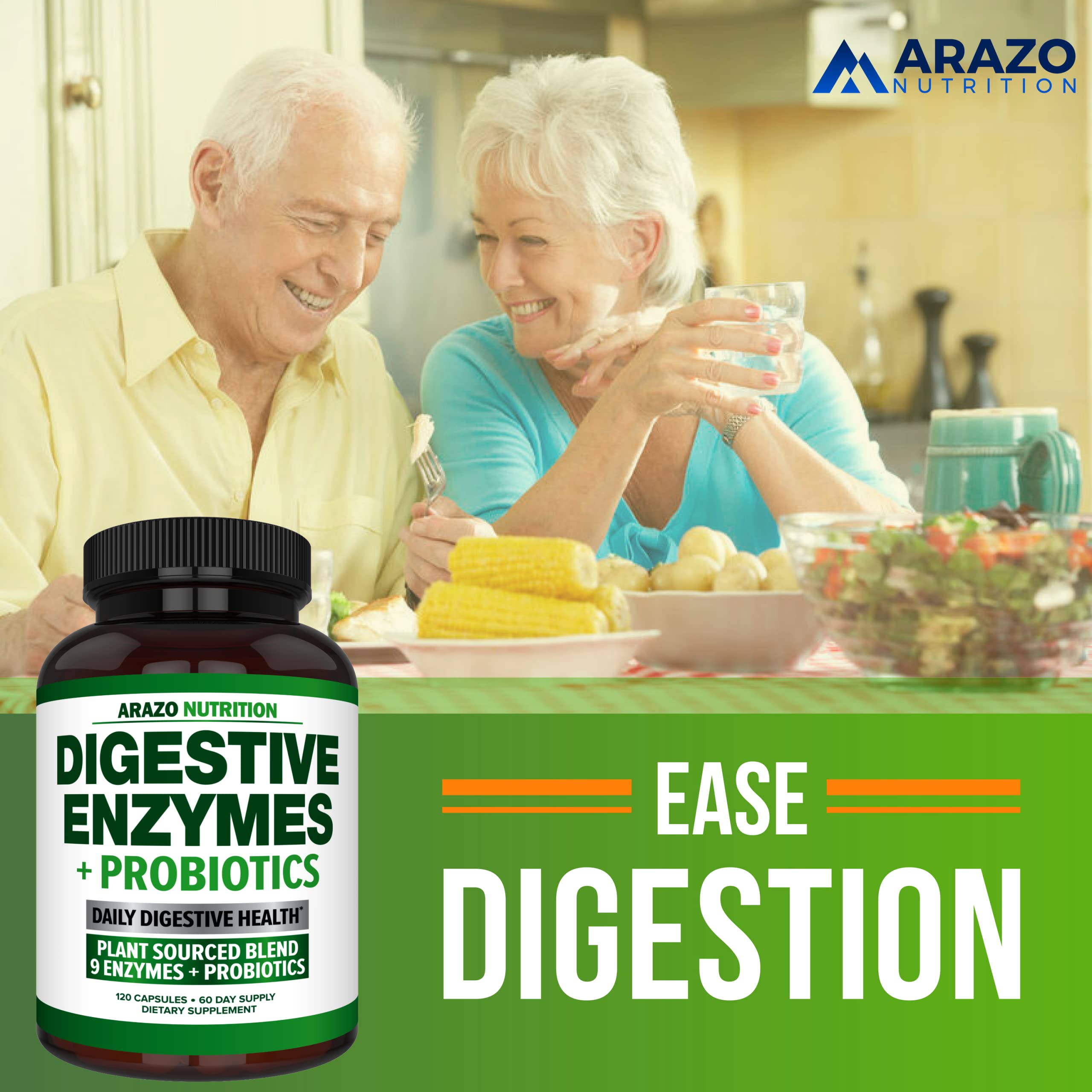 Arazo Nutrition Digestive Enzymes acidophilus and bromelain icons illustrate digestion support