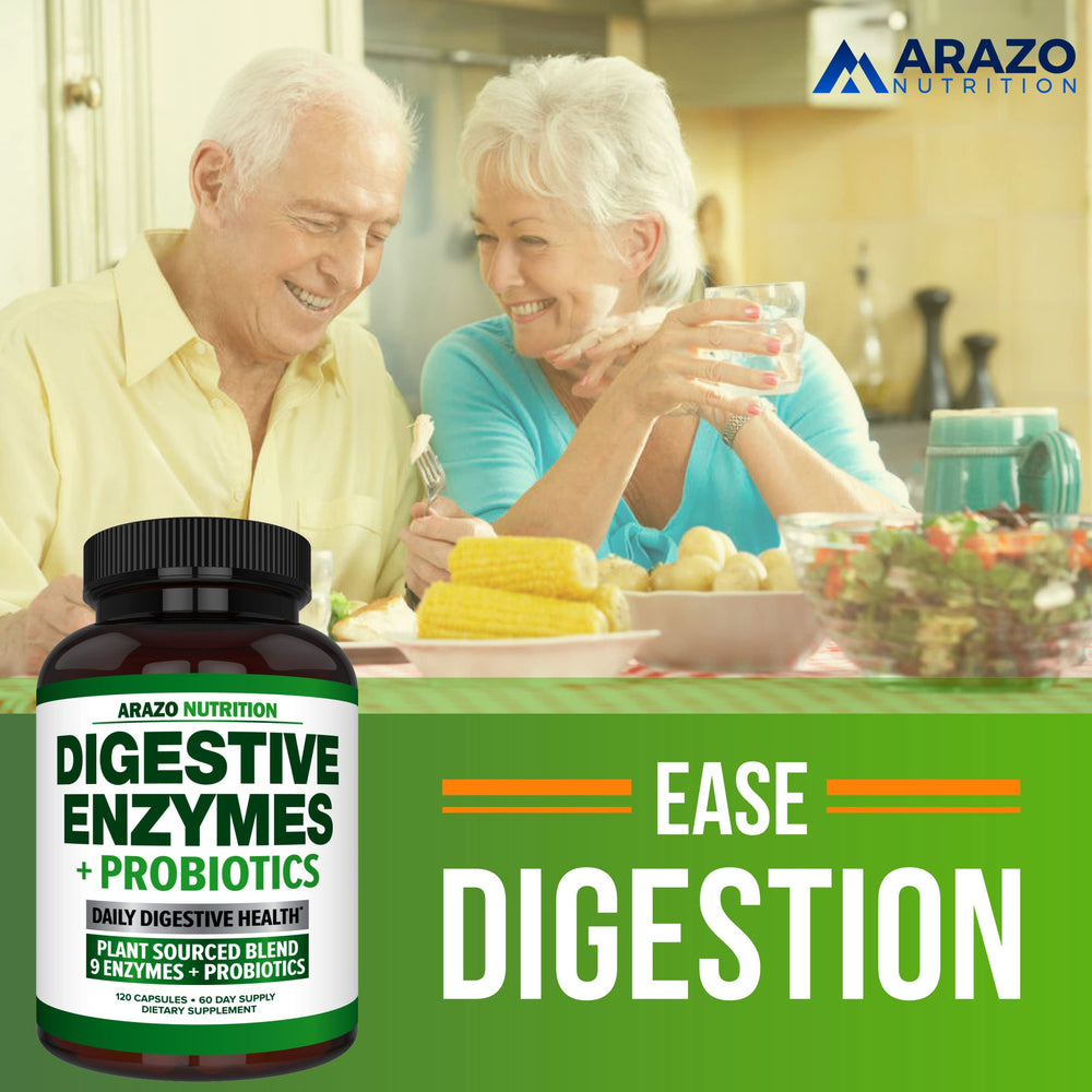 Arazo Nutrition Digestive Enzymes acidophilus and bromelain icons illustrate digestion support
