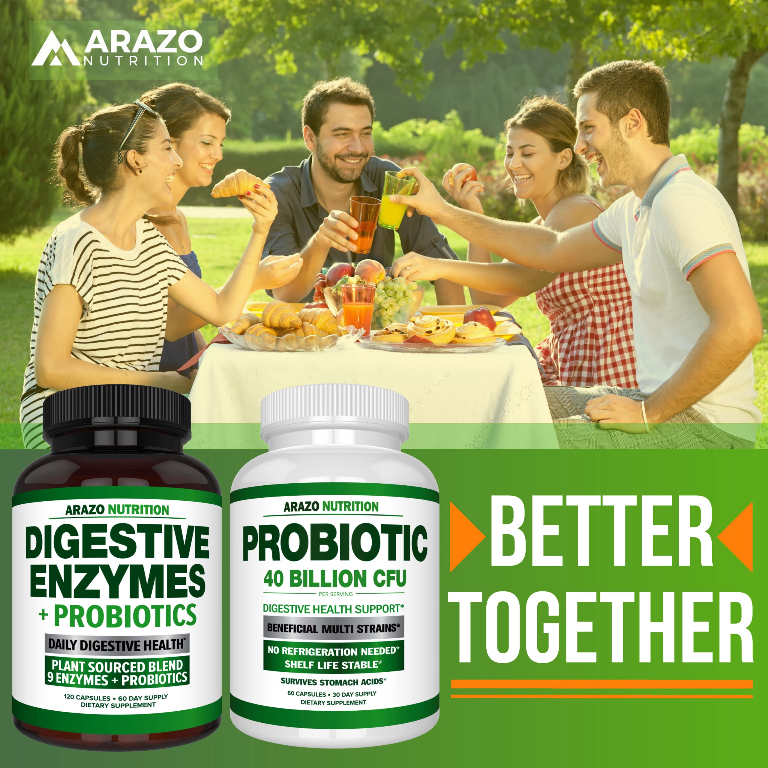 Arazo Nutrition Digestive Enzymes packaging with meal-use scene for reference