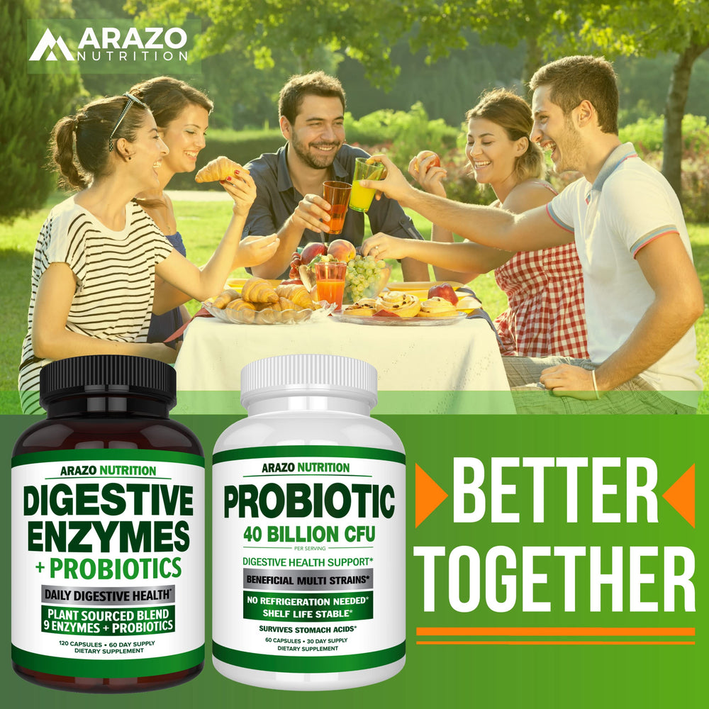 Arazo Nutrition Digestive Enzymes packaging with meal-use scene for reference