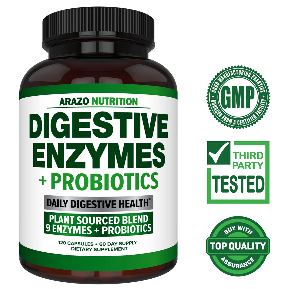 Arazo Nutrition Digestive Enzymes label closeup highlighting probiotic blend for gut balance