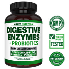Arazo Nutrition Digestive Enzymes label closeup highlighting probiotic blend for gut balance