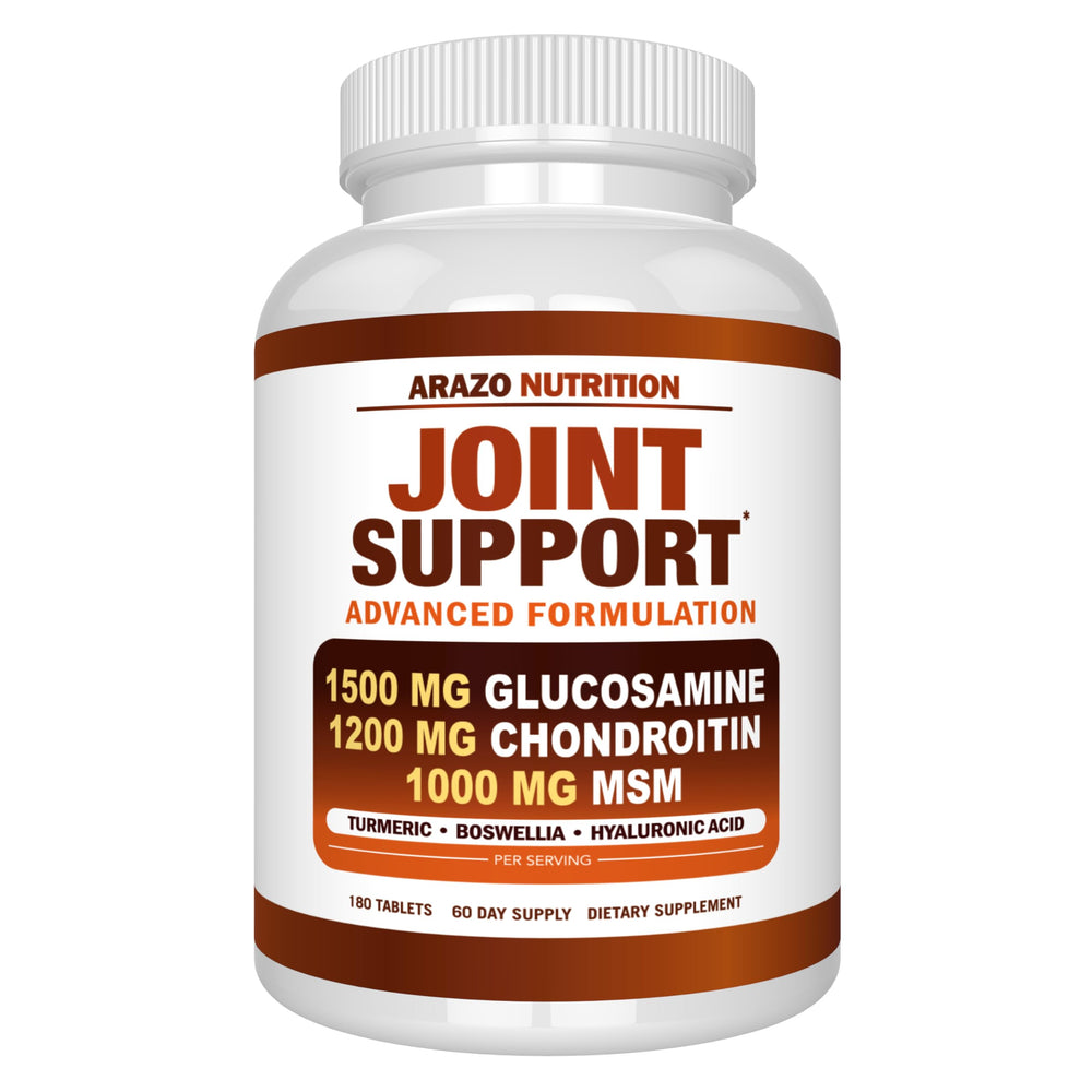 Arazo Nutrition glucosamine chondroitin turmeric MSM boswellia bottle shows joint support formula
