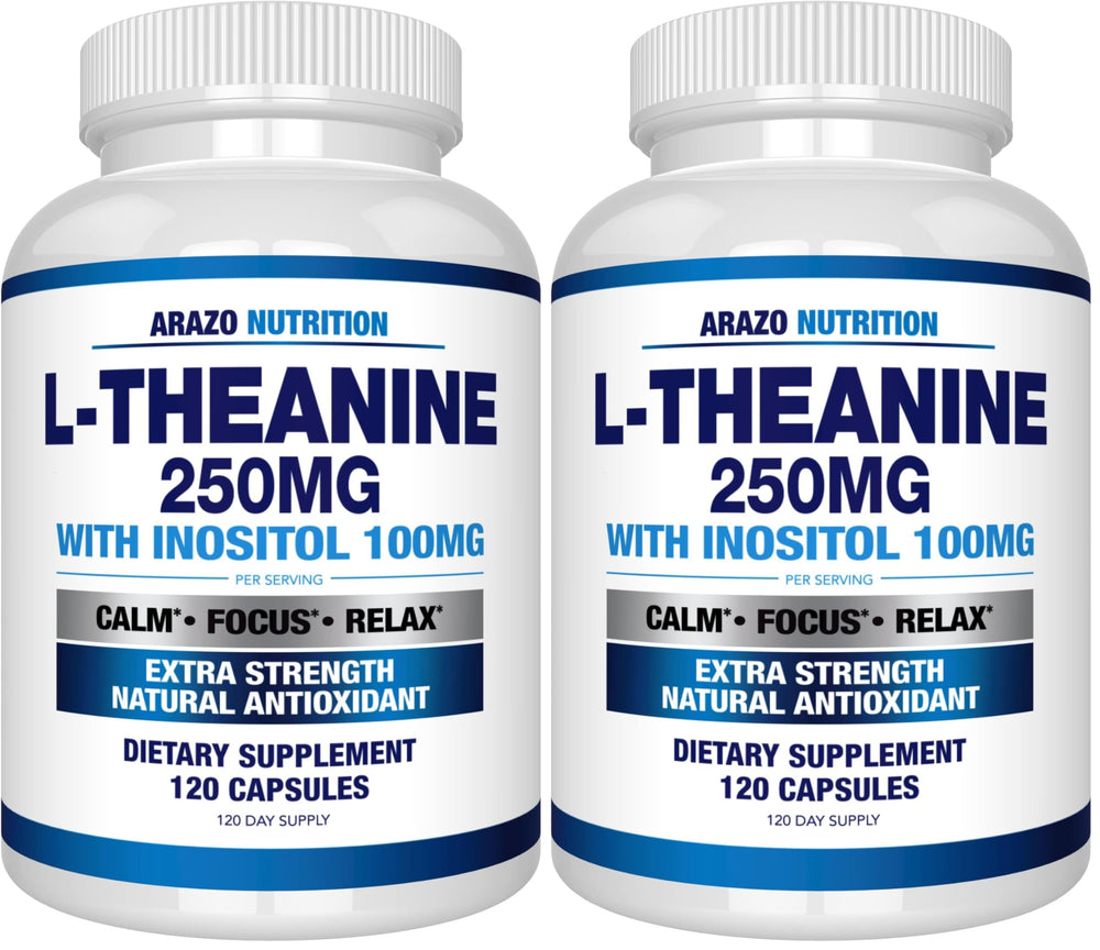 Arazo Nutrition L-Theanine 250mg bottle promotes calm focus for work and study.