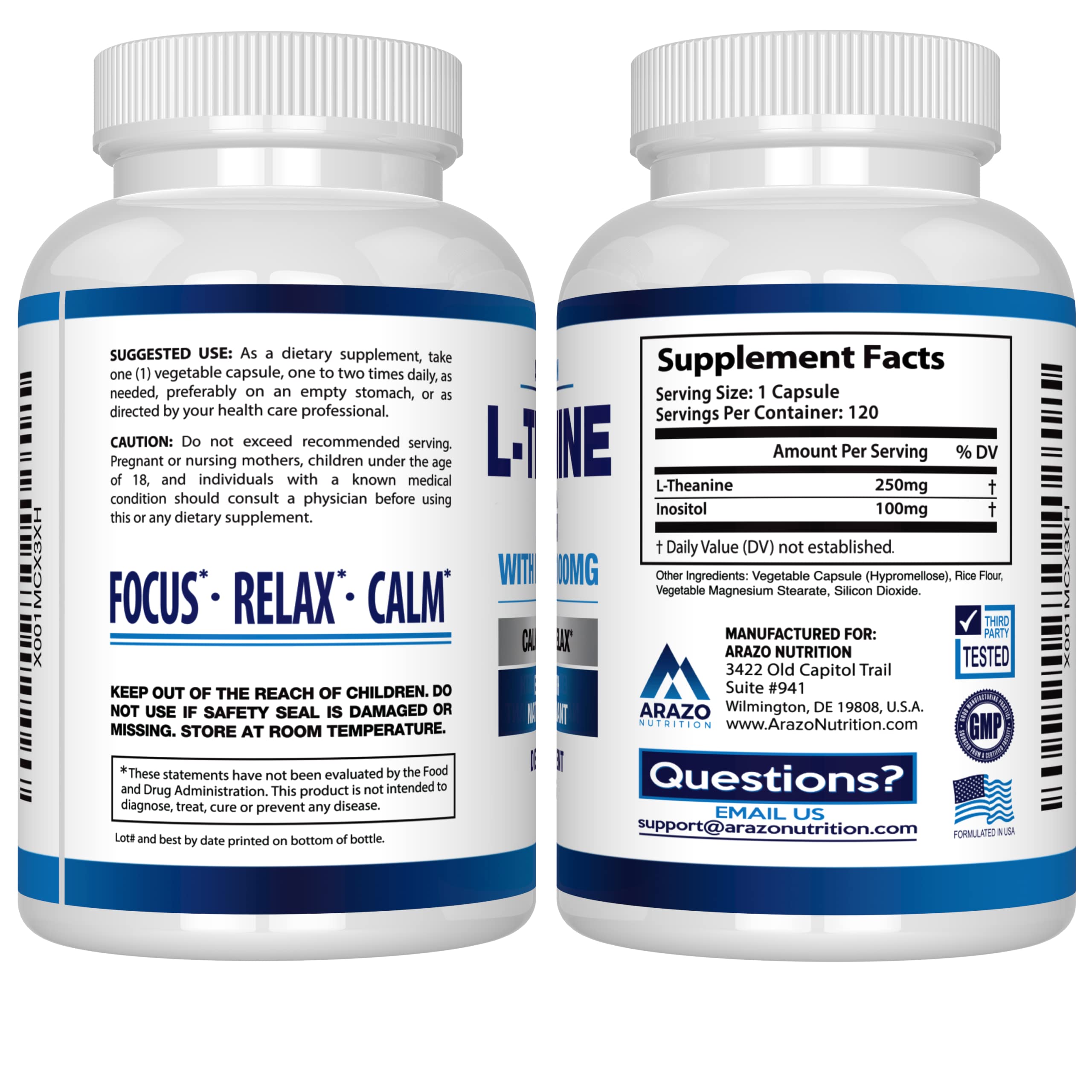 Arazo Nutrition L-Theanine 250mg label shows per-pack contents and ingredients.