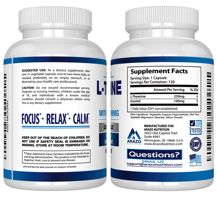 Arazo Nutrition L-Theanine 250mg label shows per-pack contents and ingredients.