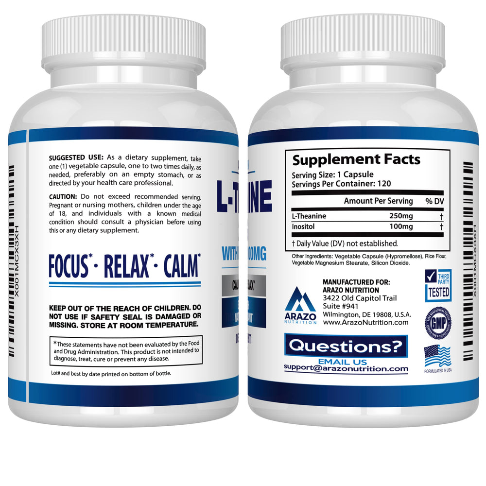Arazo Nutrition L-Theanine 250mg label shows per-pack contents and ingredients.