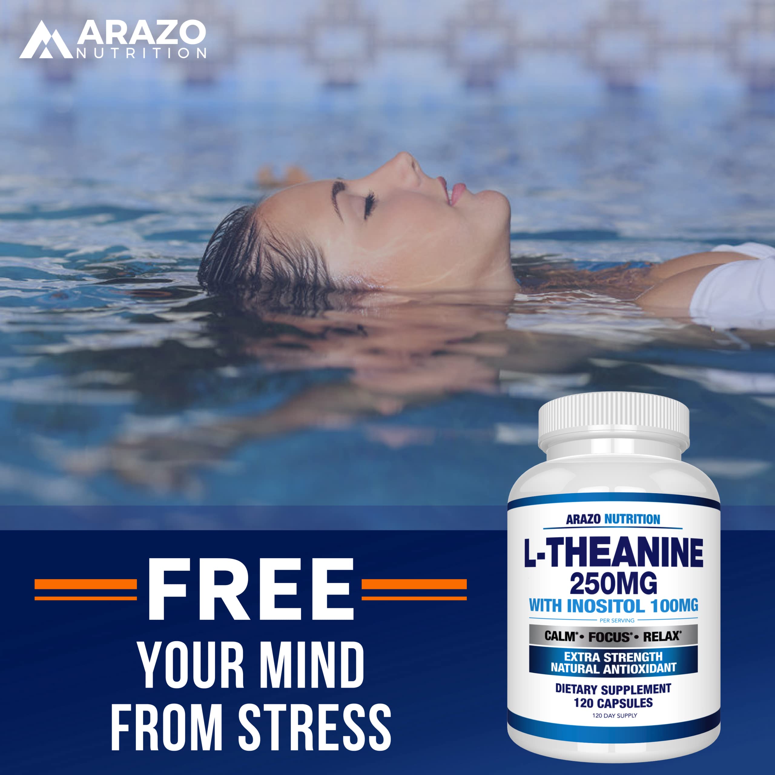 Arazo Nutrition L-Theanine 250mg pack of 2 bottles offers convenient supply.