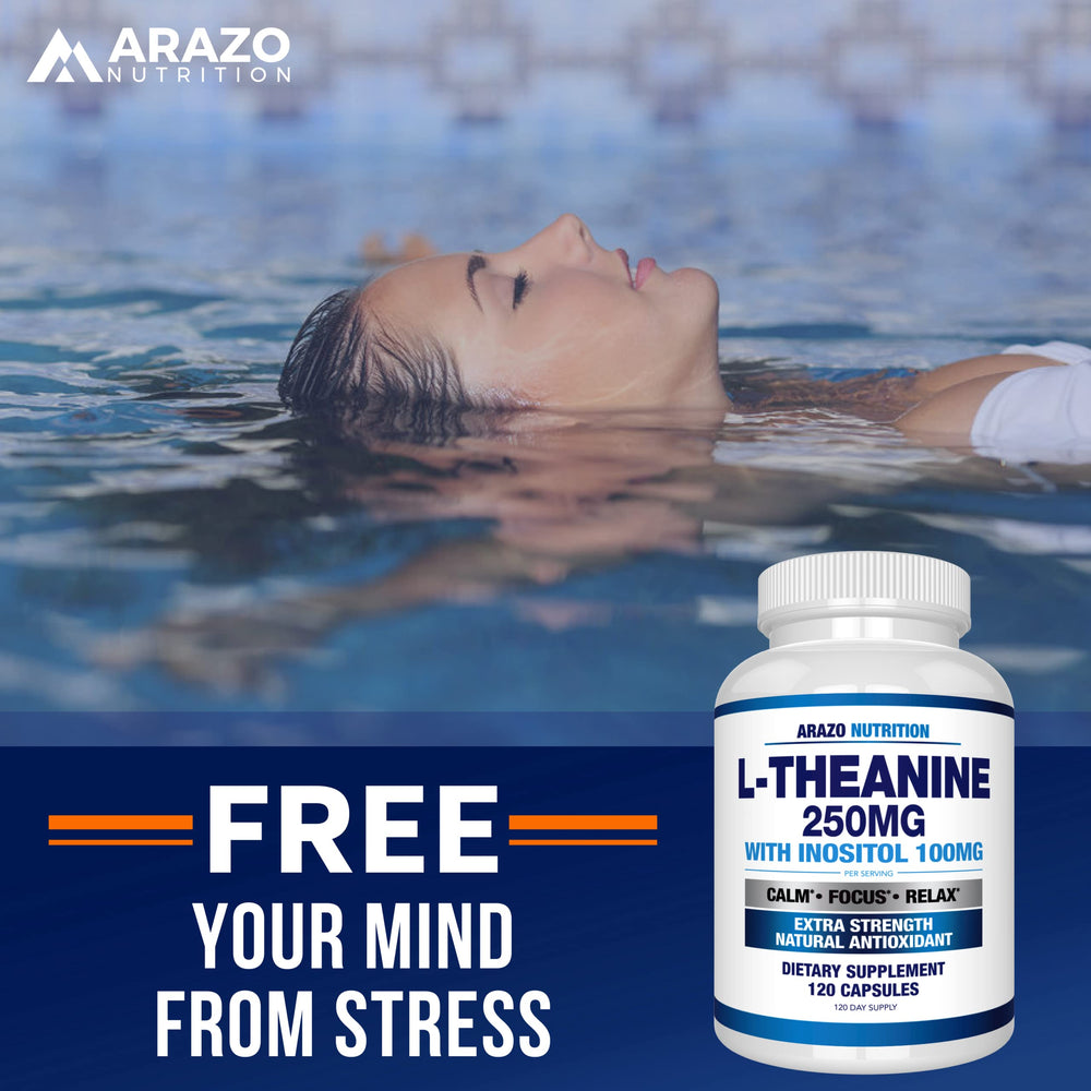Arazo Nutrition L-Theanine 250mg pack of 2 bottles offers convenient supply.