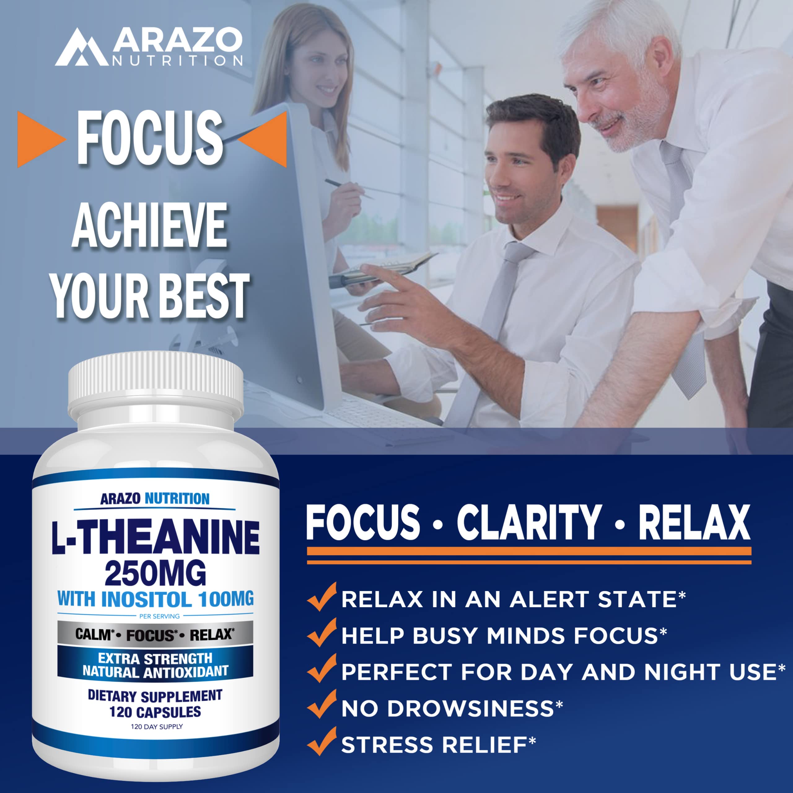Arazo Nutrition L-Theanine 250mg bottle with capsules ready for daily use.