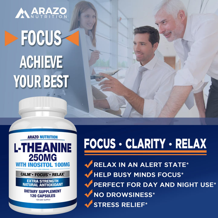 Arazo Nutrition L-Theanine 250mg bottle with capsules ready for daily use.