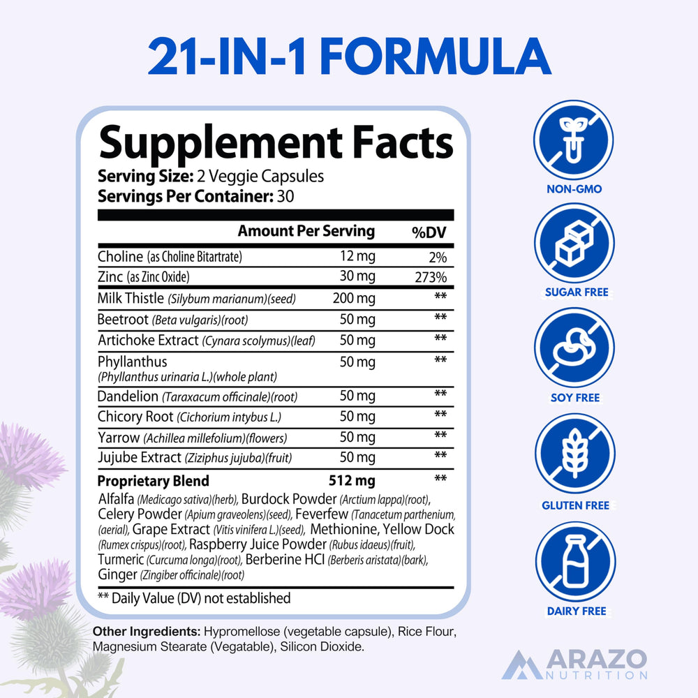 Arazo Nutrition Liver Cleanse tablets close-up with gentle, vegetarian capsules for daily detox support.