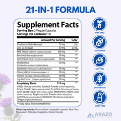 Arazo Nutrition Liver Cleanse tablets close-up with gentle, vegetarian capsules for daily detox support.