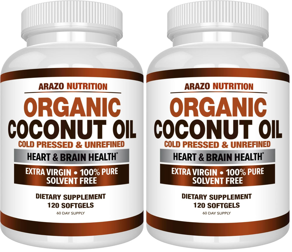 Arazo Nutrition Organic Coconut Oil bottle close-up showing purity and natural MCT content.
