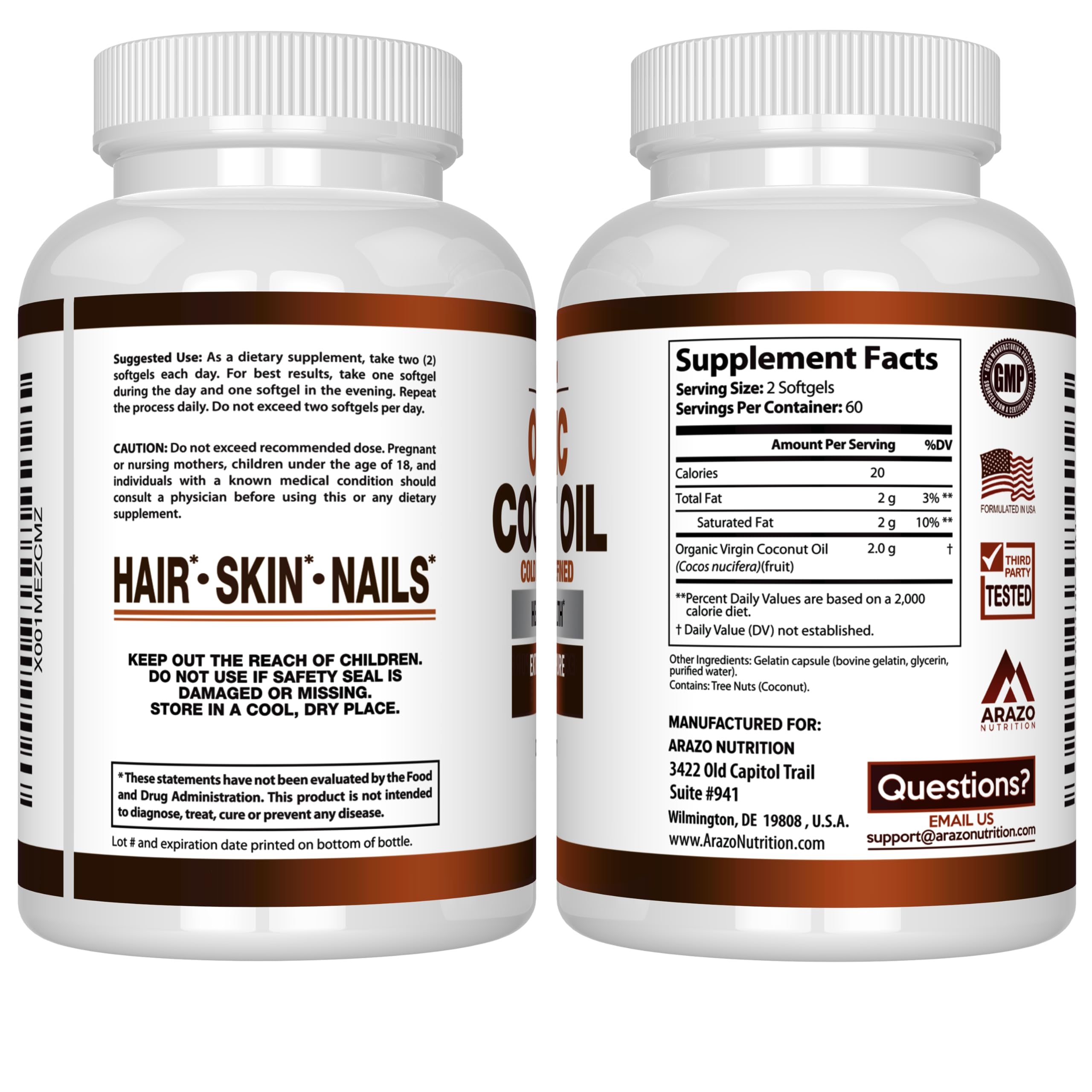 Label view shows the 100% extra virgin unrefined cold-pressed coconut oil formula.