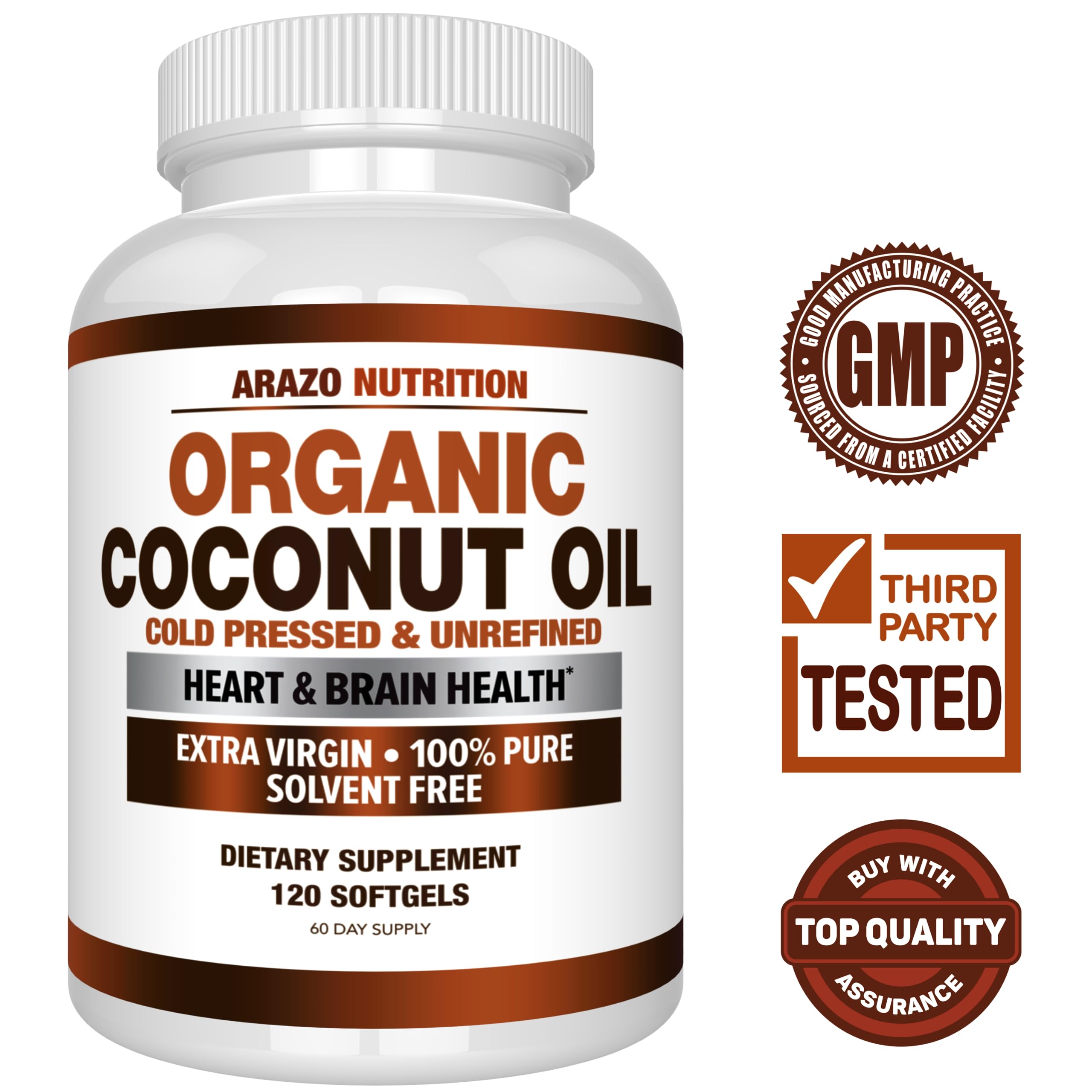 Arazo Nutrition Organic Coconut Oil label highlights unrefined, cold-pressed quality for daily use.